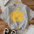 Casual grey short sleeve t-shirt featuring a festive yellow pumpkin and sunflower graphic print. - Cotton Gray