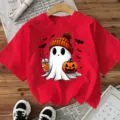 Women's Halloween cute ghost print short sleeve red t-shirt casual festive holiday top graphic tee - S / Washed Red