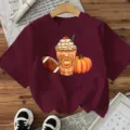 Burgundy short sleeve graphic t-shirt featuring autumn pumpkin coffee and football design. - Cotton Wine Red