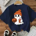 Halloween cute ghost print short sleeve t-shirt dark blue casual top for women youth - Cotton Navy Blue