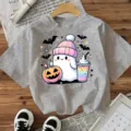 Camiseta gris de manga corta con estampado de fantasma de Halloween top festivo lindo - Gris