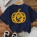 Halloween pumpkin sunflower print dark blue short sleeve t-shirt, casual holiday top for women. - Cotton Navy Blue