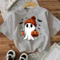 Halloween ghost graphic grey short sleeve t-shirt, casual festive top for women daily wear. - S / Cotton Gray