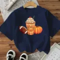Dark blue short sleeve t-shirt with autumn pumpkin spice latte graphic casual tee - Cotton Navy Blue