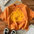 Orange Halloween pumpkin sunflower graphic short sleeve casual crewneck top for women daily - Cotton Orange