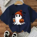 Cute Halloween ghost print short sleeve T-shirt, casual navy blue crew neck top for women. - S / Cotton Style Navy