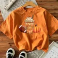 Women orange short sleeve t-shirt autumn halloween pumpkin coffee graphic top casual holiday wear - Cotton Orange