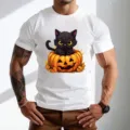 Ανδρικό Λευκό T-Shirt Κοντομάνικο Halloween Μαύρη Γάτα Κολοκύθα Print Casual Top Μόδα - 9116 / S