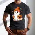 Ανδρικό T-shirt Halloween με τύπωμα χαριτωμένο φάντασμα μαύρο casual top για πάρτι - S / Tops / Μαύρο