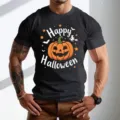 Μαύρο κοντομάνικο t-shirt για άνδρες με σχέδιο κολοκύθας Halloween και μοντέρνα εκτύπωση. - S / Tops / Μαύρο