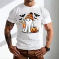 Ανδρικό λευκό κοντομάνικο μπλουζάκι Halloween με τύπωμα φάντασμα και κολοκύθα. - 9086 / S