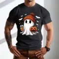 Ανδρικό κοντομάνικο μπλουζάκι Halloween με χαριτωμένο σχέδιο στάμπας φάντασμα casual. - S / Tops / Μαύρο