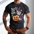 Ανδρικό μαύρο κοντομάνικο μπλουζάκι Halloween με στάμπα γάτας και κολοκύθας. - 9121 / S