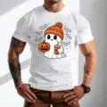 Ανδρικό κοντομάνικο t-shirt Χαλοουίν λευκό με χαριτωμένη εκτύπωση φαντάσματος - 9087 / S