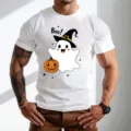 Λευκό ανδρικό κοντομάνικο μπλουζάκι Halloween με χαριτωμένο φάντασμα και κολοκύθα top - S / Tops / Λευκό