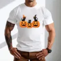 Halloween μαύρη γάτα κολοκύθα γραφική εκτύπωση ανδρικό λευκό κοντομάνικο t-shirt top - Στυλ 9092 / S
