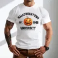Ανδρικό λευκό κοντομάνικο t-shirt με Halloween στάμπα κολοκύθας κολεγιακό στυλ casual τοπ - Στυλ 9097 / S