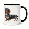 Close-up view of a ceramic coffee mug featuring a cute dachshund dog illustration design. - 350ml / Black Trim