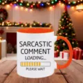 Close-up detail shot of a funny ceramic coffee mug with orange interior on wooden table. - 350ml / Orange