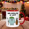Gedetailleerd overzicht van de grappige cartoon golf thema keramische koffiekop rood. - Rood