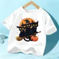 Kids Halloween Short Sleeve T-Shirt Black Cat Witch Graphic White Top New Style - 110cm / Cotton White