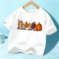 Kids autumn short sleeve t-shirt with cute harvest pumpkin and football graphic top for kids. - 110cm / White Cotton