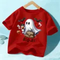 Kids Halloween Red T-Shirt Cute Ghost Leopard Bag Short Sleeve Holiday Top for Boys Girls - 110cm / Red