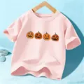 Kids pink short sleeve t-shirt with cute halloween pumpkin print for boys and girls festive wear. - 110cm / Pink