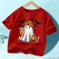 Rotes Halloween Geist Kinder Kurzarm T-Shirt, niedliches Feiertags Grafik-Shirt für Kinder. - 110cm / Baumwolle Rot