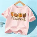 Camiseta rosa de manga corta para niños con estampado de Acción de Gracias, casual. - 110cm / Rosa