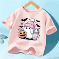 Kids pink short sleeve t-shirt with cute Halloween ghost and pumpkin print for boys and girls - Cotton Pink / 110cm