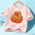 Rosa Halloween Kinder Kurzarm T-Shirt mit glitzerndem Kürbis Motiv für feierliche Tage. - 110cm / Oberteile / Baumwolle Rosa