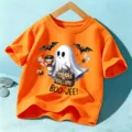 Maglietta manica corta bambino Halloween, t-shirt arancione con stampa fantasma festa. - Arancione