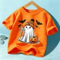 Orange Kids Halloween T-Shirt Cute Ghost Graphic Short Sleeve Holiday Tee Variant - Cotton Orange