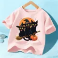Pink Halloween Kids Short Sleeve T-Shirt with Cute Black Cats Print, Casual Holiday Top - 110cm / Cotton Pink