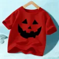 Kids Halloween Short Sleeve T-Shirt Red Pumpkin Face Tee Boys Girls Festive Tops Party Wear - 110cm / Red