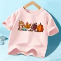 Pink kids short sleeve t-shirt with autumn pumpkin football graphic print for fall daily wear. - 110cm / Pink Cotton
