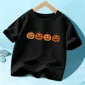 Kids Cute Halloween Pumpkin Print Short Sleeve T-Shirt Black Boys Girls Holiday Top - 110cm / Black