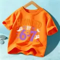 Kids Halloween Short Sleeve T-Shirt Orange Ghost Graphic Festive Casual Top Variant - Orange Cotton