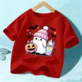 Kids Red Halloween Short Sleeve T-Shirt Cute Ghost Pumpkin Print Casual Children Festive Top - Cotton Red / 110cm