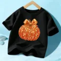 Kinder Halloween Glitzernder Kürbis Kurzarm T-Shirt Schwarzes Grafik Feiertag Top Neu - 110cm / Oberteile / Baumwolle Schwarz