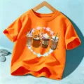 Kinder Halloween Orange Kurzarm T-Shirt mit Herbst Kaffee Grafikdruck für Jungen und Mädchen - Baumwolle Orange