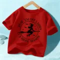 Kids red Halloween witch graphic short sleeve t-shirt holiday festive top casual apparel. - 110cm / Red