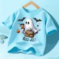 Maglietta maniche corte bambino con stampa fantasma Halloween, top azzurro casual. - Blu