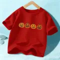 Kids red short sleeve t-shirt with cute Halloween pumpkin print, soft cotton casual top. - 110cm / Red