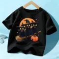 Kids black Halloween short sleeve t-shirt with cute witch cats and pumpkin graphic print top. - 110cm / Cotton Black