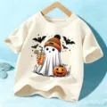 Kids Halloween Ghost T-Shirt Cute Pumpkin Short Sleeve Beige Top Casual Holiday Apparel - Cotton Apricot