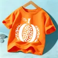 Vibrant Orange Kids T-Shirt Featuring Pumpkin Leopard Print Halloween Short Sleeve Top - Cotton Orange