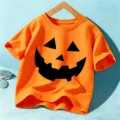 Kids Halloween Orange Short Sleeve T-Shirt with Pumpkin Face Print Casual Holiday Top - Orange