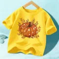 Κίτρινο παιδικό κοντομάνικο t-shirt με τύπωμα κολοκύθας φθινοπώρου για καθημερινή χρήση - Πλυμένο Κίτρινο